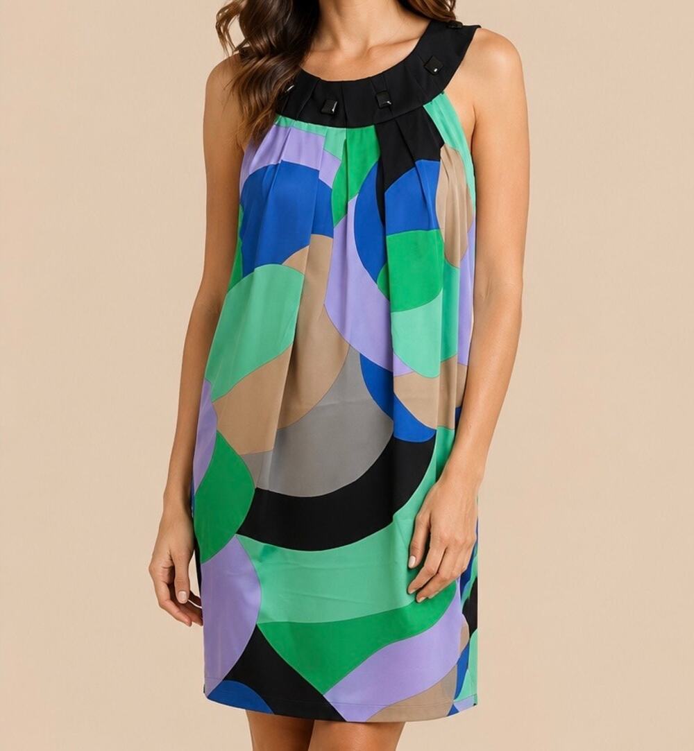 GUC Nine West Silk Multicolor Vintage Geometric Print Mini Shift Dress. Size 8.